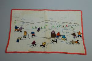 Image of Embroidered place mat with Inuit figures collecting water